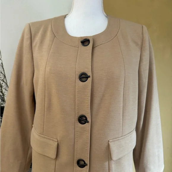 Calvin Klein Tan Collarless Button Jacket with Black Buttons - Picture 2 of 4
